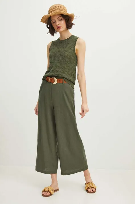 Ľanové nohavice dámske zelená farba