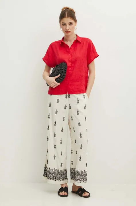 Штани з домішкою льону Medicine жіночі колір бежевий кюлоти висока посадка