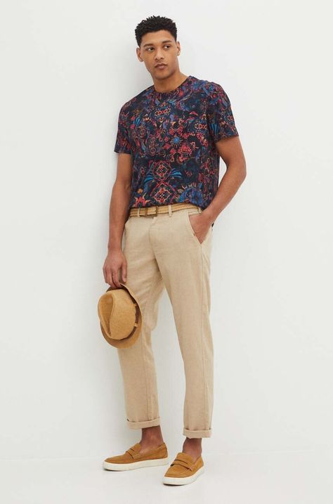 Spodnie męskie z domieszką lnu z paskiem gładkie kolor beżowy