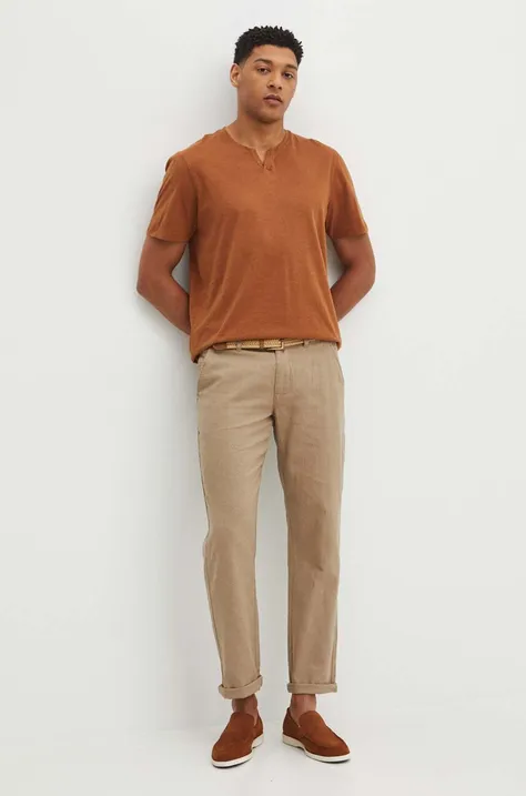 Spodnie męskie z domieszką lnu gładkie kolor brązowy