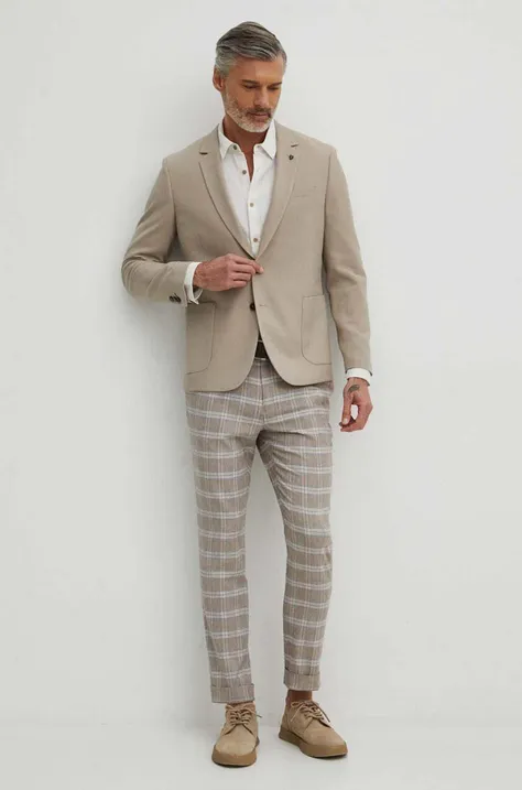 Spodnie męskie z domieszką lnu wzorzyste kolor beżowy
