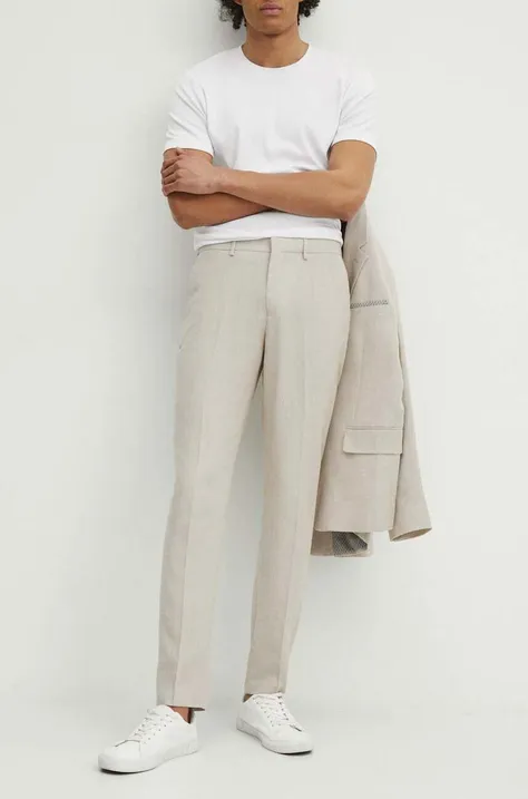 Spodnie męskie slim z domieszką lnu kolor beżowy