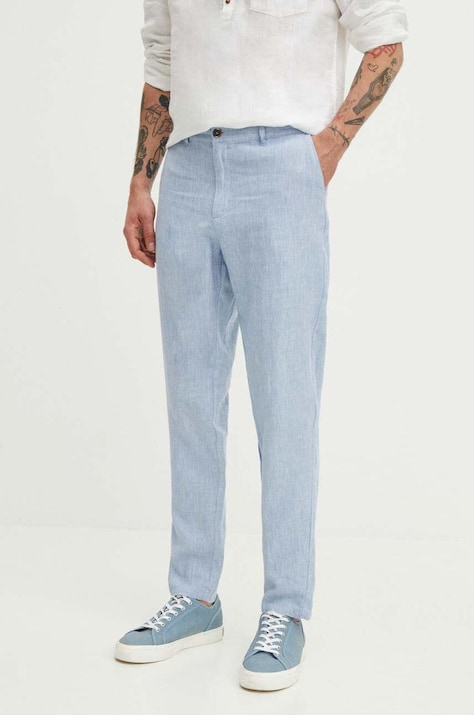 Medicine spodnie lniane męskie kolor niebieski proste