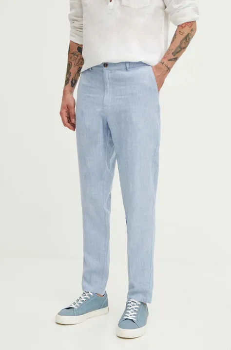Lněné kalhoty pánské melanžové modrá barva