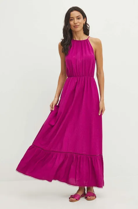 Sukienka z domieszką lnu damska maxi gładka kolor różowy