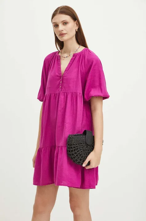 Lanena haljina Medicine boja: ružičasta, mini, širi se prema dolje