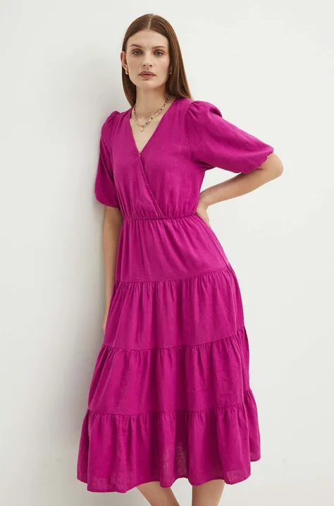 Sukienka lniana damska midi gładka kolor różowy