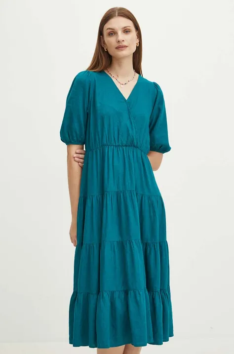 Lanena haljina Medicine boja: zelena, midi, širi se prema dolje