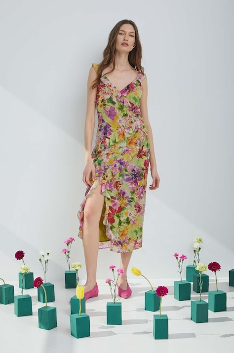 Sukienka damska midi w kwiaty kolor zielony