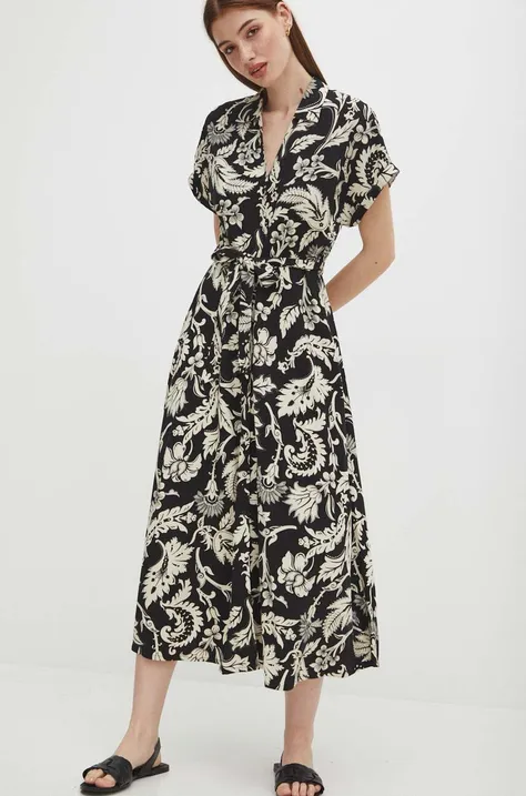 Sukienka z domieszką lnu damska midi wzorzysta kolor czarny