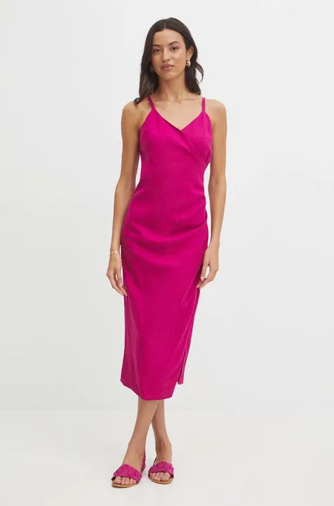 Sukienka z domieszką lnu damska midi gładka kolor fioletowy