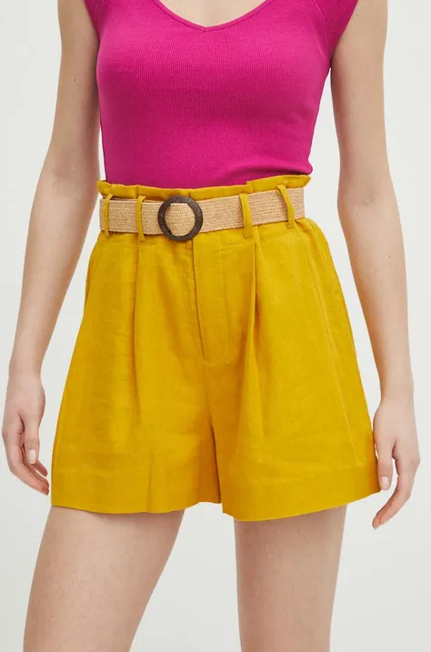 Ľanové šortky Medicine dámske, žltá farba, jednofarebné, vysoký pás