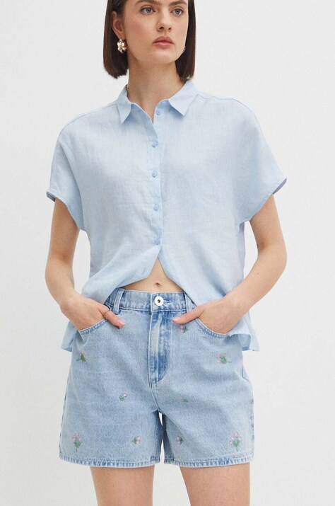 Szorty jeansowe damskie mom fit z ozdobnym haftem kolor niebieski