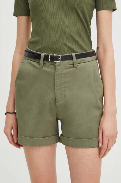 Medicine pantaloni scurti femei, culoarea verde, neted, medium waist