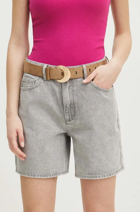 Medicine pantaloni scurti jeans femei, culoarea gri, neted, medium waist