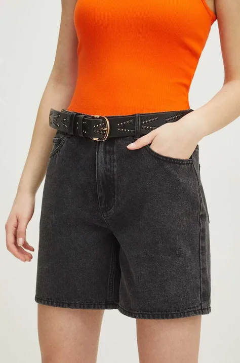 Szorty jeansowe damskie z efektem sprania kolor czarny