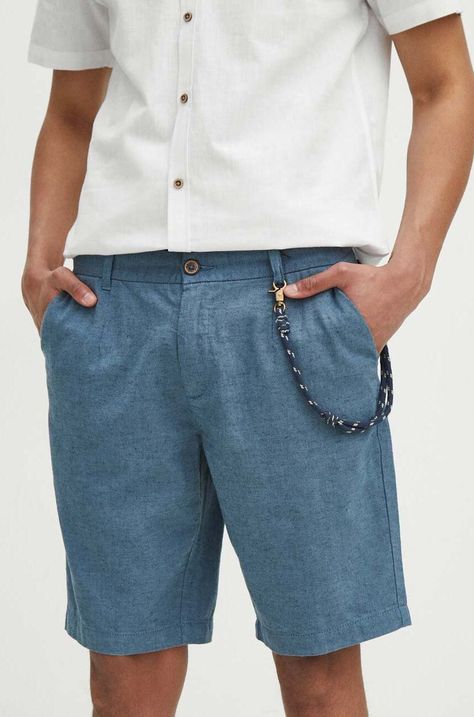Ľanové šortky pánske regular modrá farba