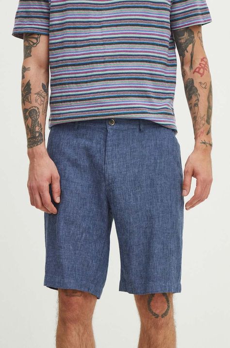 Ľanové šortky pánske tmavomodrá farba