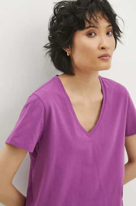 T-shirt bawełniany damski z domieszką elastanu kolor fioletowy