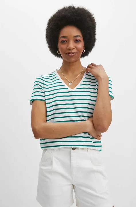 Bavlnené tričko dámske s prímesou elastanu zelená farba