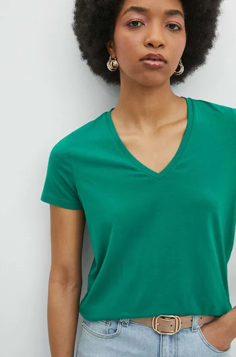 T-shirt bawełniany damski z domieszką elastanu kolor zielony