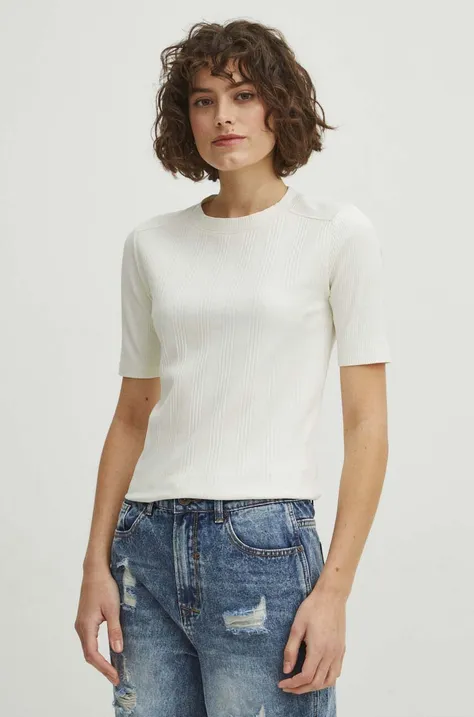 Bavlnené tričko dámske s elastanom pruhované béžová farba