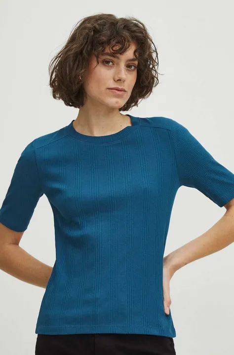 Bavlnené tričko dámske s elastanom pruhované tyrkysová farba