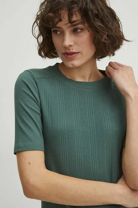Bavlnené tričko dámske s elastanom pruhované zelená farba