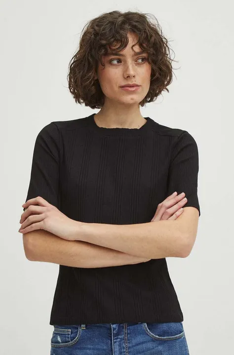 Bavlnené tričko dámske s elastanom pruhované čierna farba