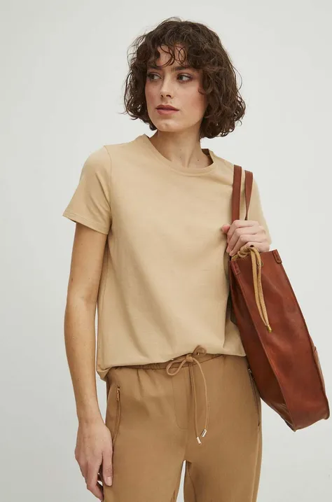 T-shirt bawełniany damski z domieszką elastanu kolor beżowy