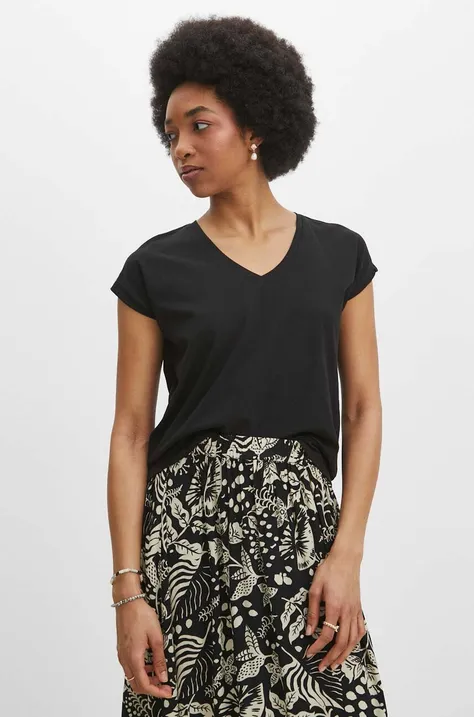 T-shirt bawełniany damski z domieszką elastanu kolor czarny