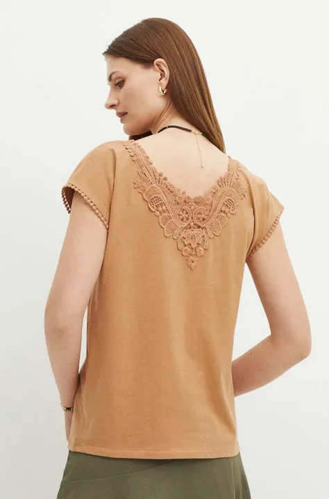 T-shirt bawełniany damski z ozdobną aplikacją kolor beżowy