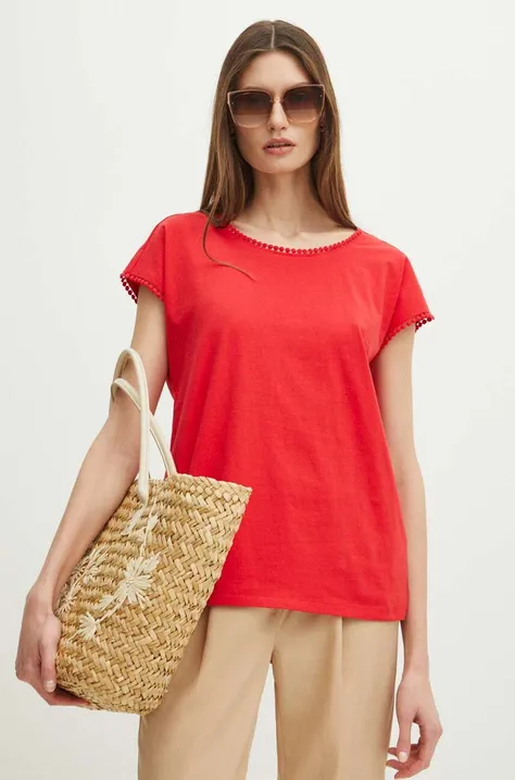 T-shirt bawełniany damski z ozdobną aplikacją kolor czerwony