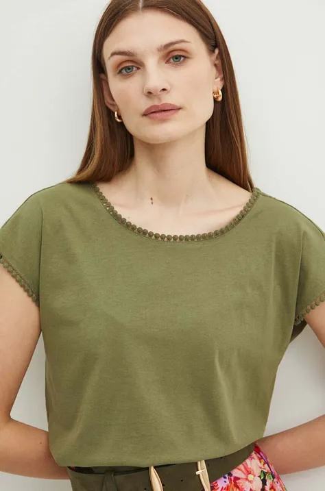 T-shirt bawełniany damski z ozdobną aplikacją kolor zielony