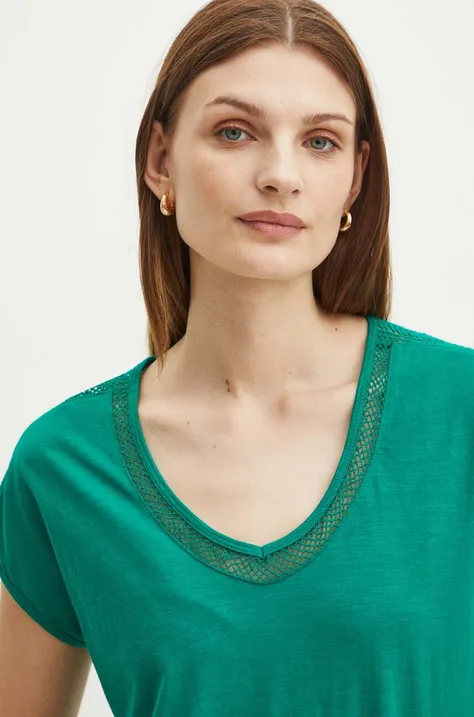 T-shirt bawełniany damski z ozdobnymi wstawkami kolor zielony