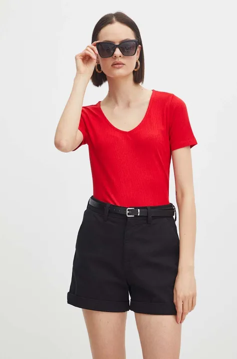 T-shirt damski prążkowany kolor czerwony