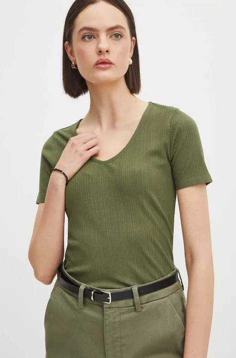 T-shirt damski prążkowany kolor zielony