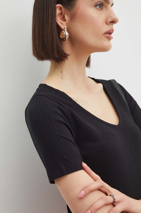 T-shirt damski prążkowany kolor czarny