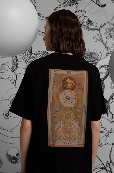 Bavlnené tričko dámske z kolekcie Zverokruh - Blíženci čierna farba