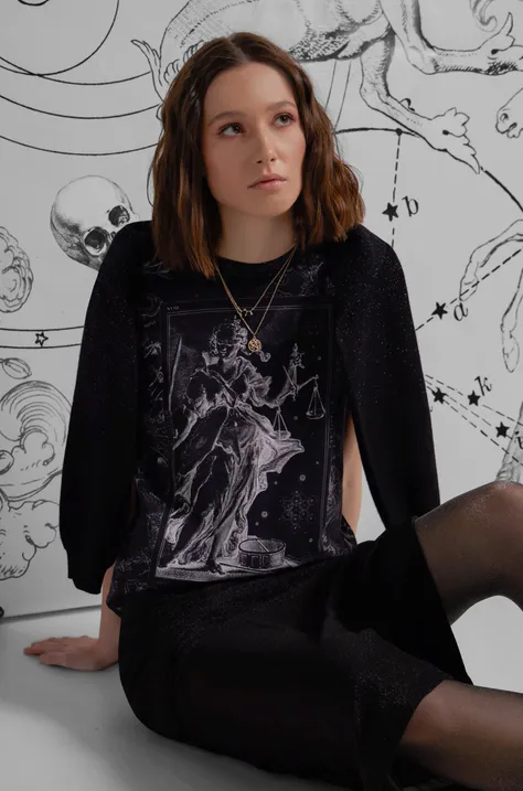 T-shirt bawełniany damski z kolekcji Zodiak - Waga kolor czarny
