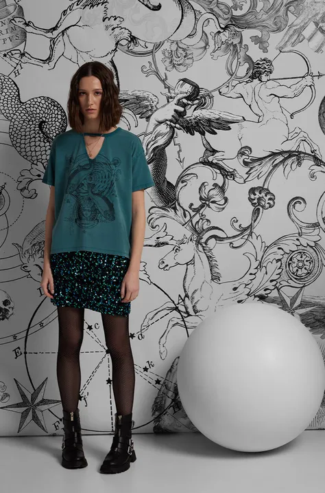 T-shirt bawełniany damski z kolekcji Zodiak - Ryby kolor turkusowy