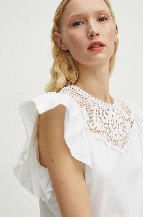 T-shirt bawełniany damski z ozdobną aplikacją z koronki kolor biały