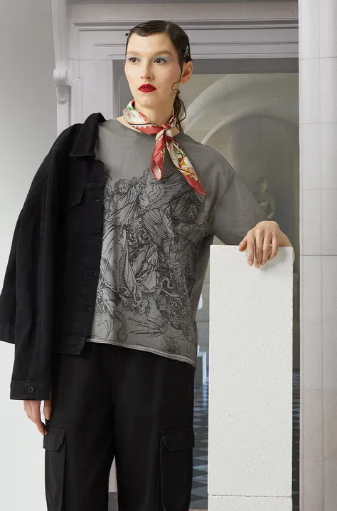 Bavlnené tričko dámske z kolekcie Eviva L'arte šedá farba