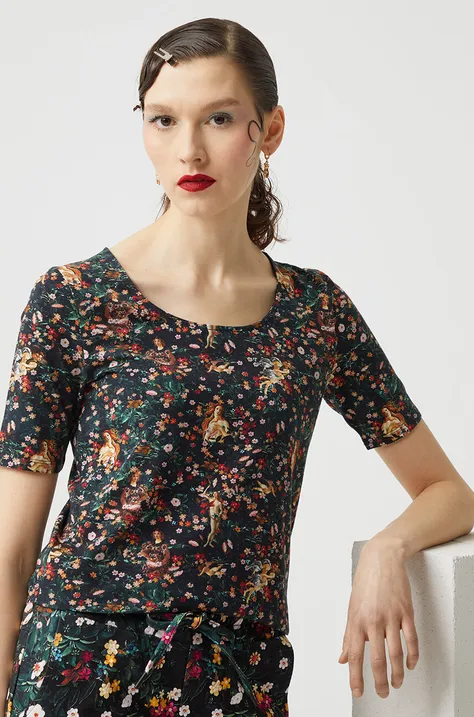 T-shirt bawełniany damski z domieszką elastanu z kolekcji Eviva L'arte kolor multicolor