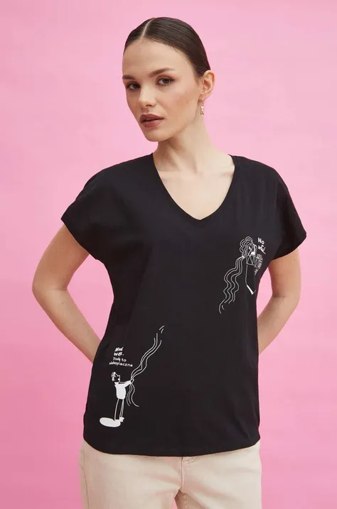 T-shirt bawełniany damski by Magda Danaj - Porysunki kolor czarny
