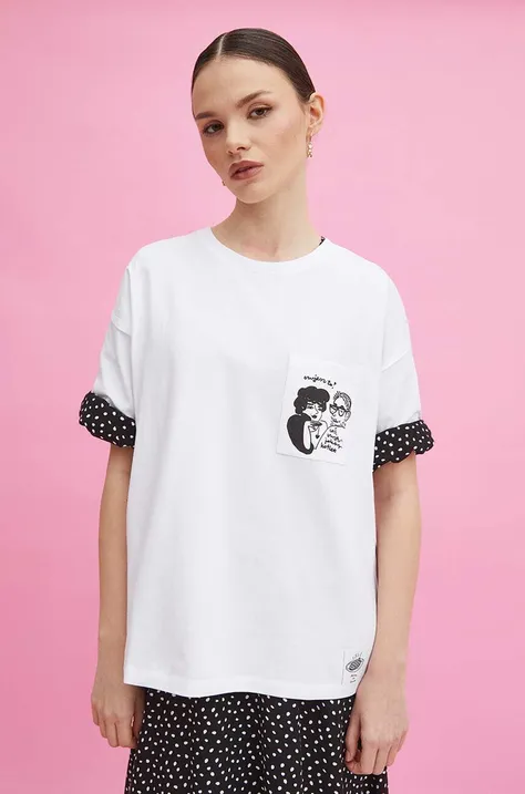T-shirt bawełniany damski z domieszką elastanu by Magda Danaj - Porysunki kolor biały