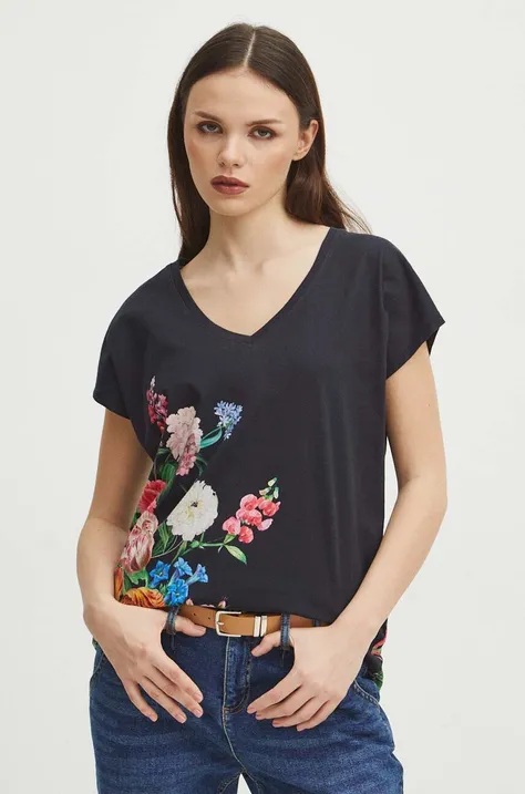 T-shirt bawełniany damski z nadrukiem w kwiaty kolor czarny