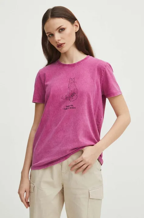 T-shirt bawełniany damski z kolekcji Dzień Kota kolor różowy