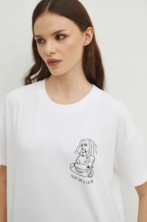 Bavlnené tričko dámske s elastanom z kolekcie Deň mačiek biela farba