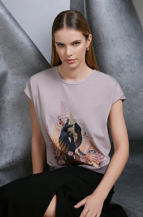 T-shirt bawełniany damski by Karolina Liczman, Grafika Polska kolor beżowy